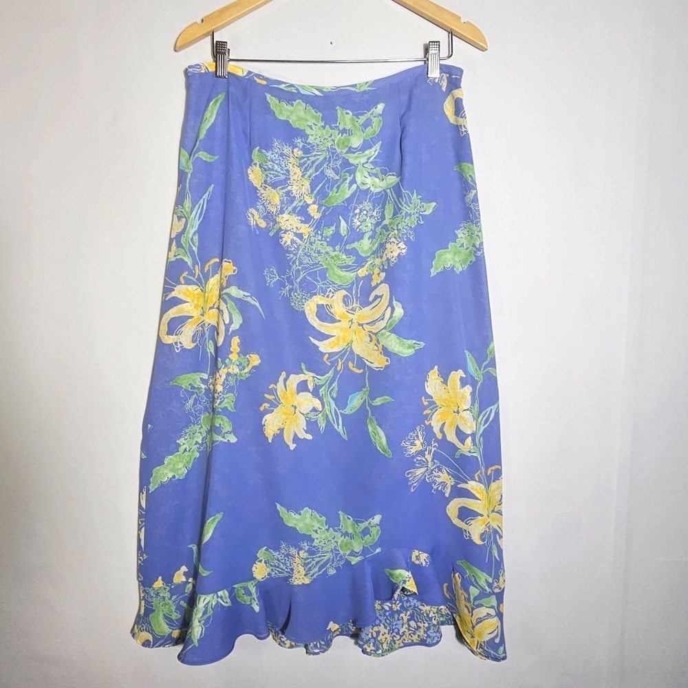 Emma James Liz Clairborne 3PC Skirt Set 14 Blue Floral Chiffon Blouse Tank L - Picture 14 of 16